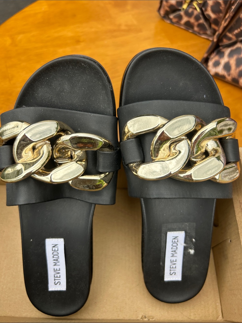 Steve Madden Black Slide Sandals with Chunky Gold Chain